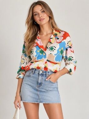 TWIST Multicolor Retro Floral Print Blouse Shirt Size 34 / US 4